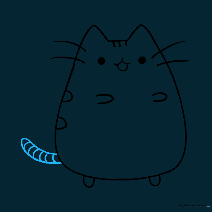 A long, striped tail is added to the side of the cat's body.