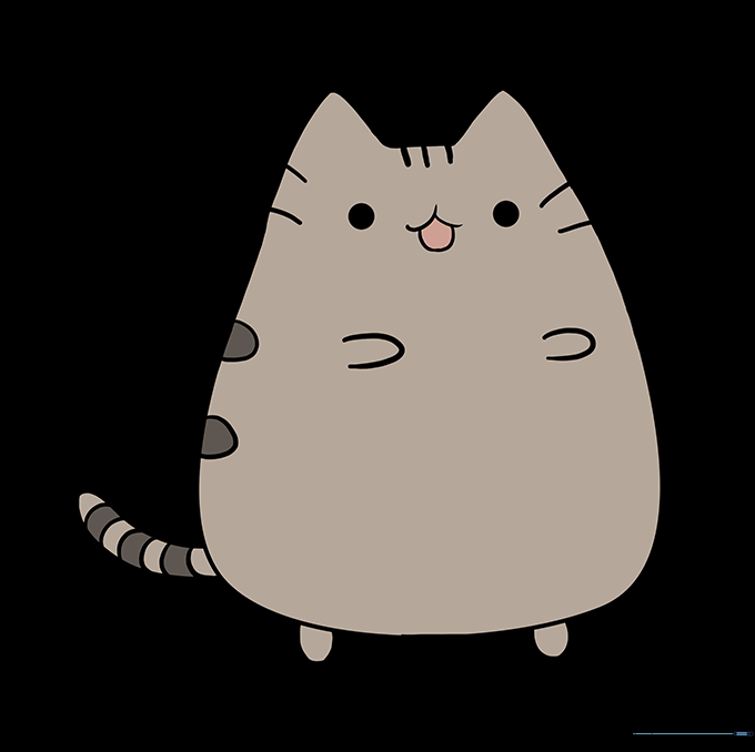 The completed Pusheen drawing, colored in shades of grey with clear stripes.