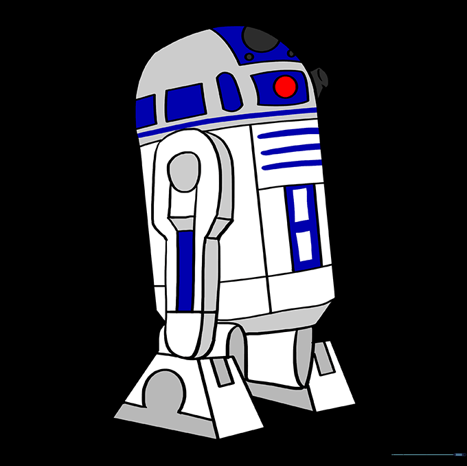 Finished R2-D2 drawing colored with blue and white markers.