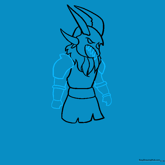 Drawing the teeth, shoulder armor, and arm structures for the character.