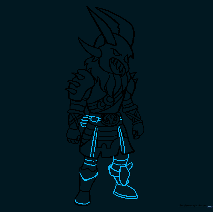 Completing the legs and adding final decorative details to the armored skirt.
