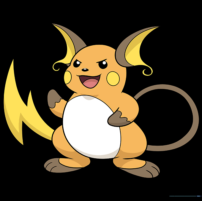 The completed, fully colored Raichu illustration with vibrant orange, brown, and yellow tones.