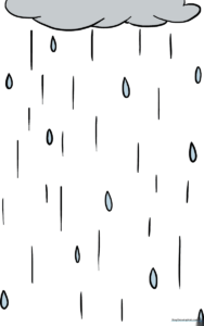 A colorful, finished drawing of a rain cloud and falling raindrops.