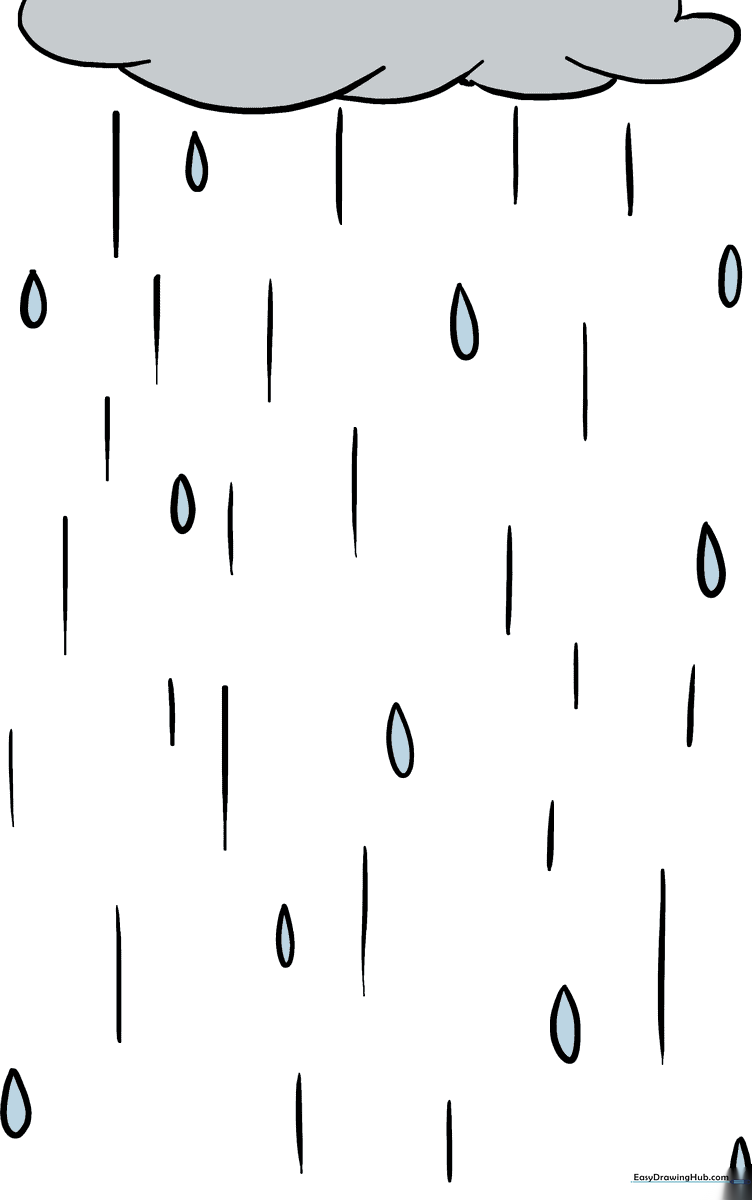 A colorful, finished drawing of a rain cloud and falling raindrops.