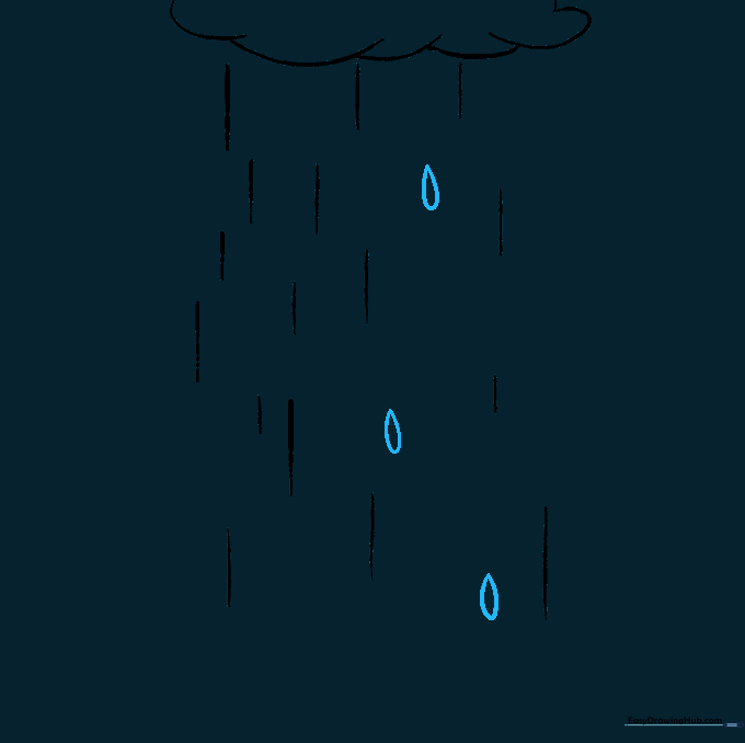 Drawing individual teardrop-shaped raindrops among the vertical rain lines.