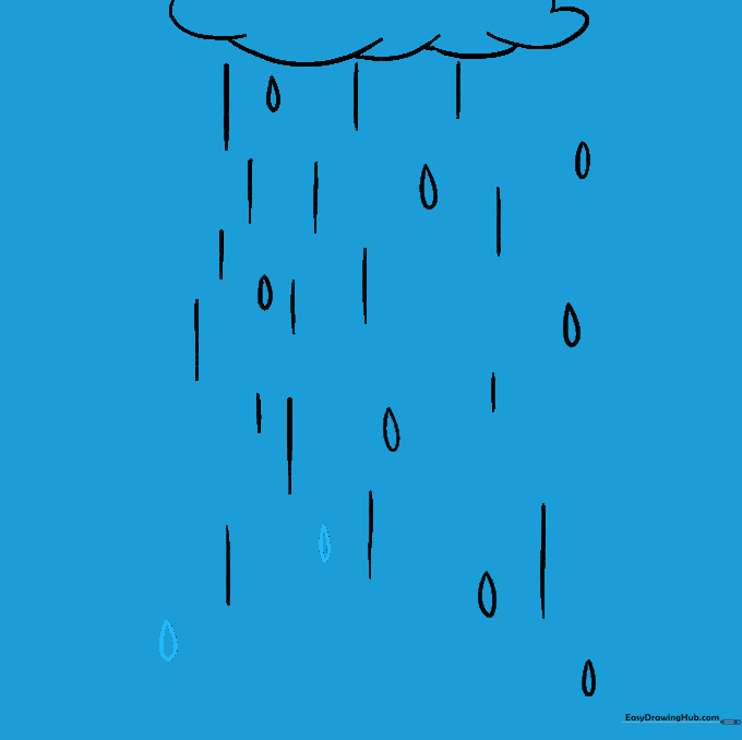 Adding varied sizes of raindrops to create depth and perspective in the drawing.