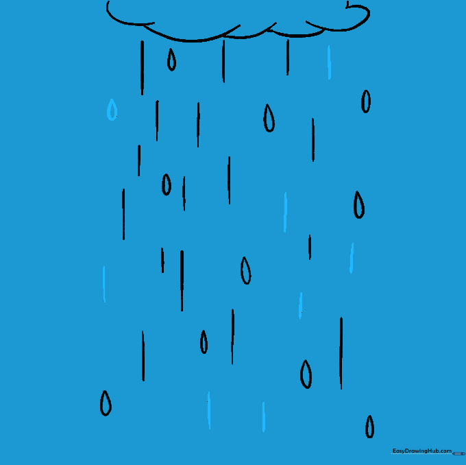 Finalizing the pencil outline of the rain and cloud before coloring.