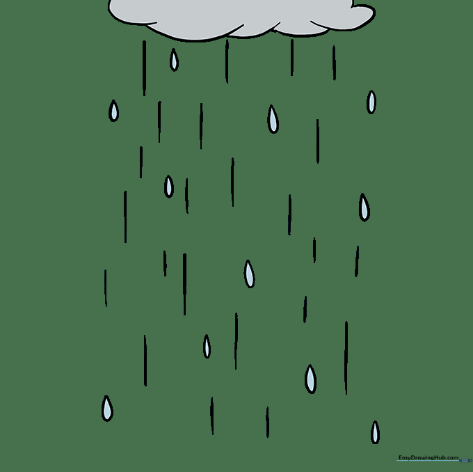 The completed drawing of a rain cloud with blue raindrops colored in.