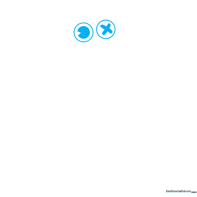 Close-up sketch of Blue's mismatched eyes, one with a pupil and one with an X mark.