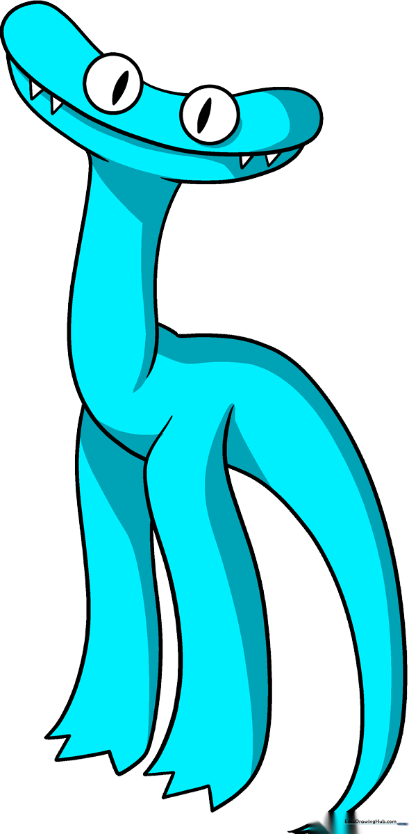 A vibrant, completed drawing of the Rainbow Friends Cyan character, showcasing the final result of the tutorial.