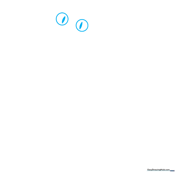 Close-up sketch of two circular eyes with pointed pupils for the Rainbow Friends Cyan character.