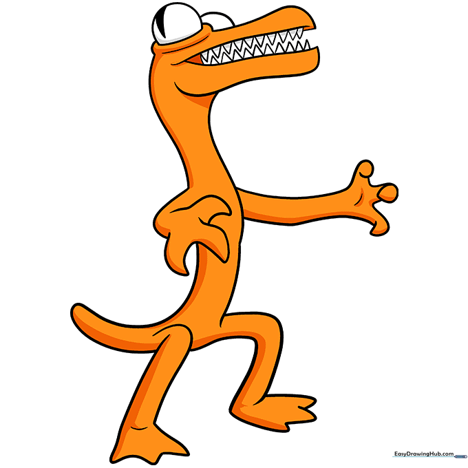 The final colored drawing of the Rainbow Friends Orange character, featuring bright orange skin and white teeth.