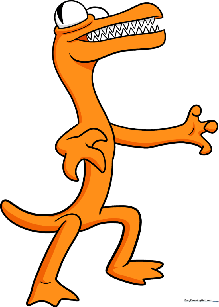 A vibrant, finished illustration of the Rainbow Friends Orange character, showcasing the final result of the drawing tutorial.