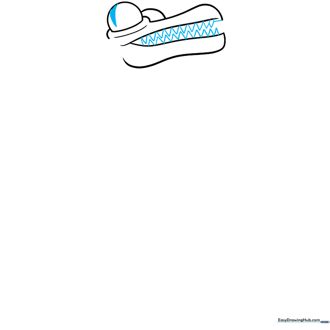 Detailing the character with a triangular pupil and multiple small, sharp teeth inside the open mouth.