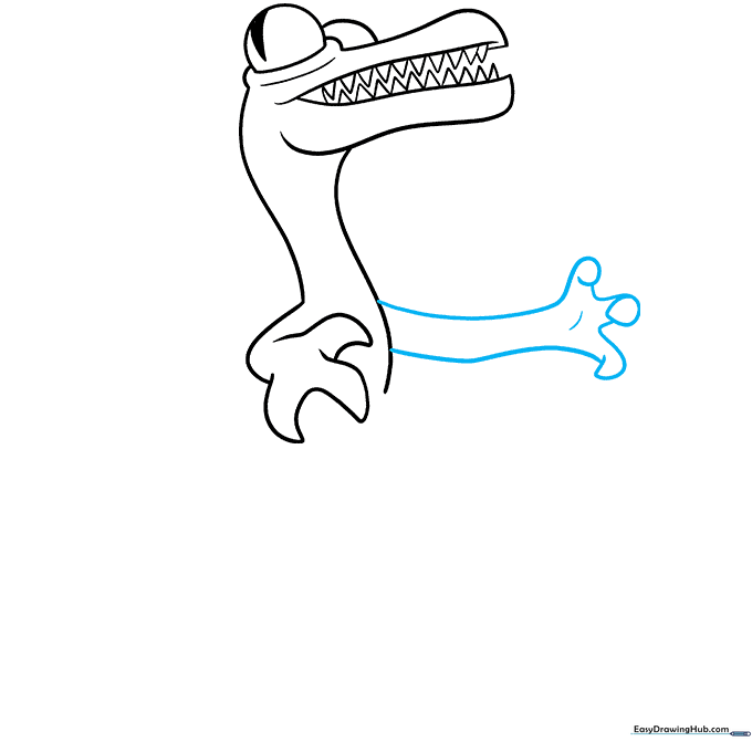 Drawing the second arm with curled claws and palm contouring lines.
