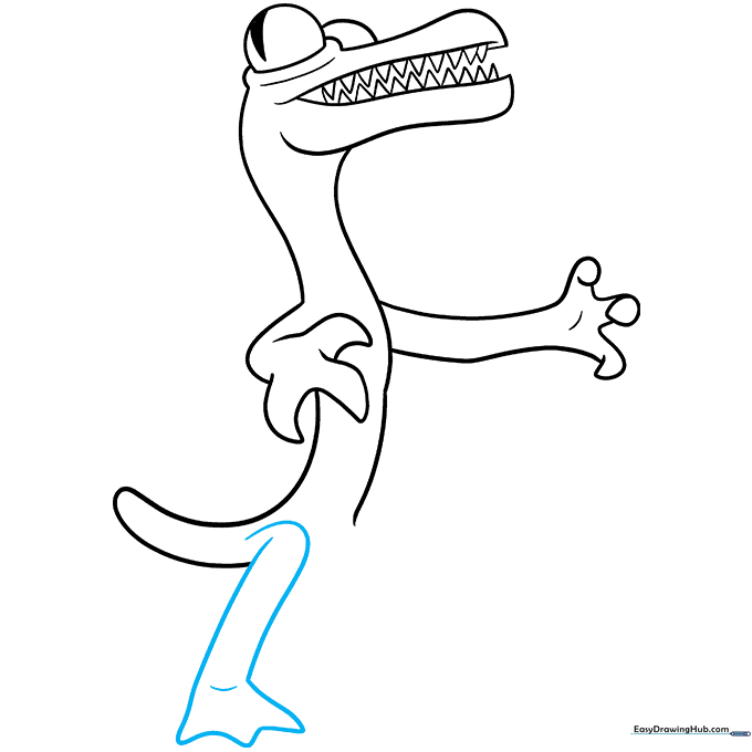 Drawing the rear leg with a wide, duck-like foot and ankle detail.
