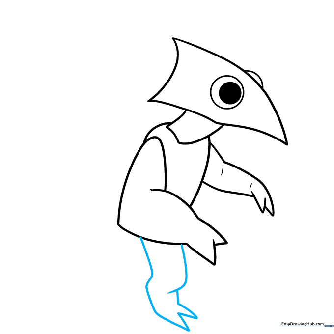 Drawing the legs and feet with pointed toes and knee details.