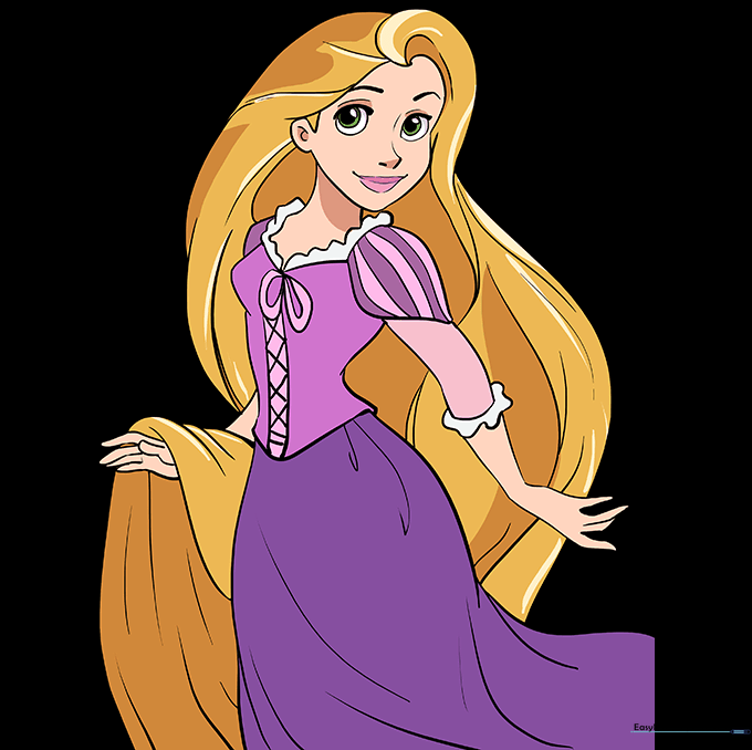 The finished, colored drawing of Rapunzel with blonde hair and a purple dress.