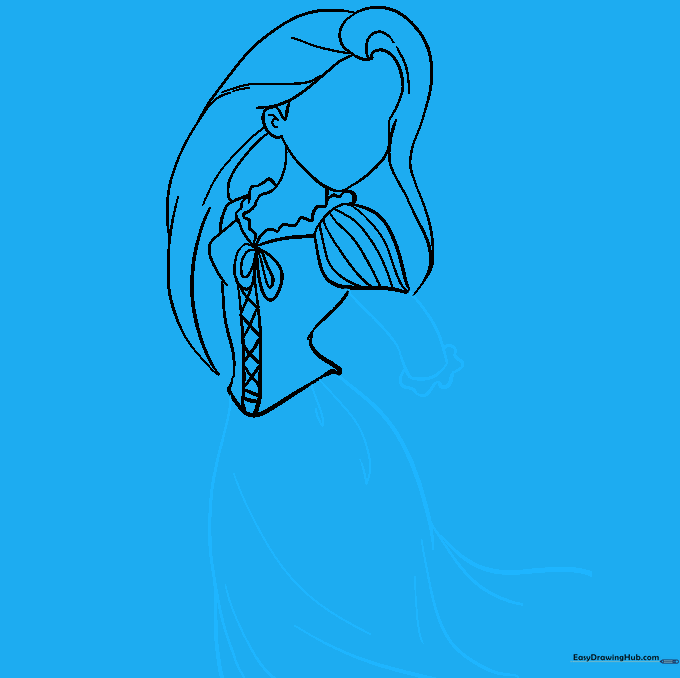 Drawing the finished sleeves and the long, flowing skirt with fabric folds.
