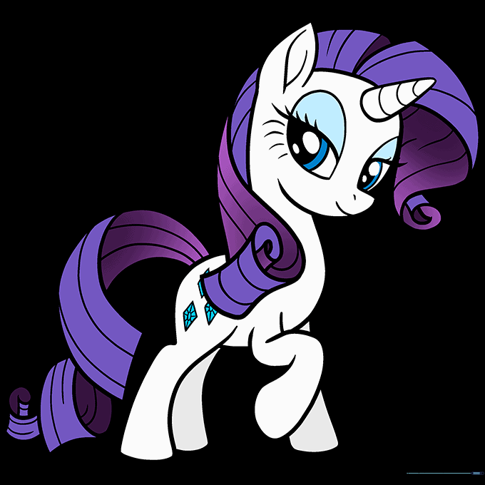The finished, colored drawing of Rarity with her purple mane and white body.