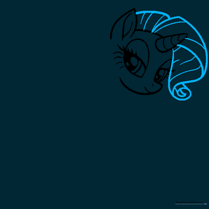 Drawing the flowing, curled sections of Rarity's purple mane.