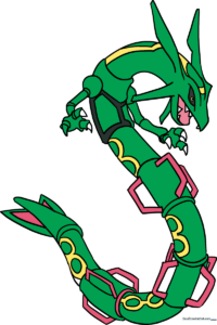 Completed, vibrant illustration of the legendary Pokémon Rayquaza.