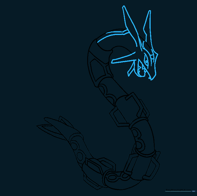 Detailed facial features of Rayquaza including eyes, teeth, and ear structures.