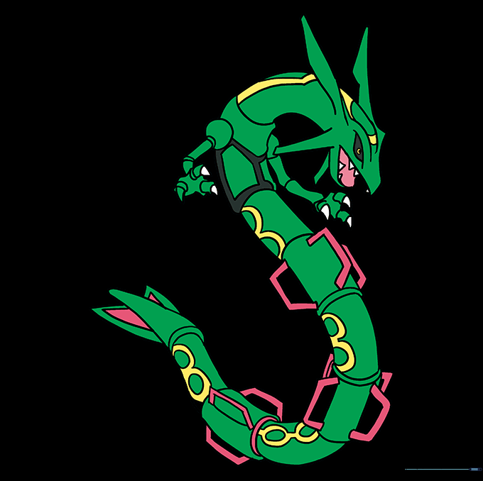 Final colored drawing of Rayquaza with green, yellow, black, and pink details.