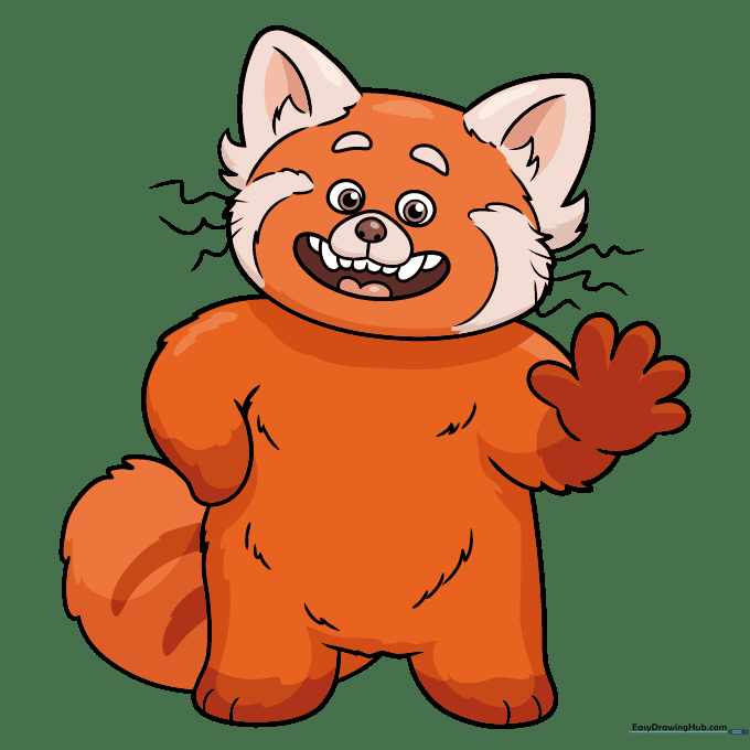 The completed Red Panda Mei Lee drawing, fully colored with vibrant orange and white fur.