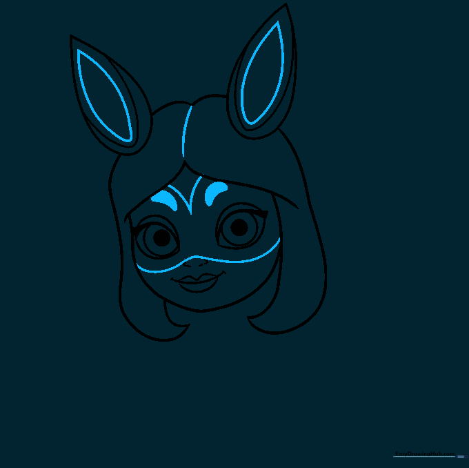 Drawing the superhero mask and thick eyebrows on Rena Rouge's face.