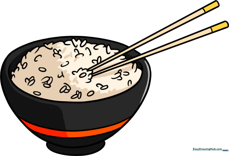 Colorful, finished drawing of a bowl of rice with wooden chopsticks.