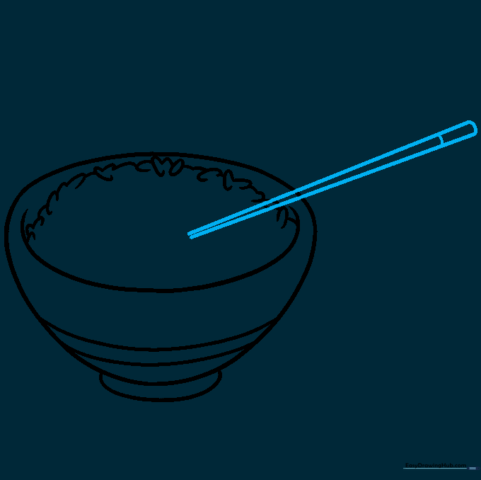 Drawing the first long, thin chopstick resting in the bowl.