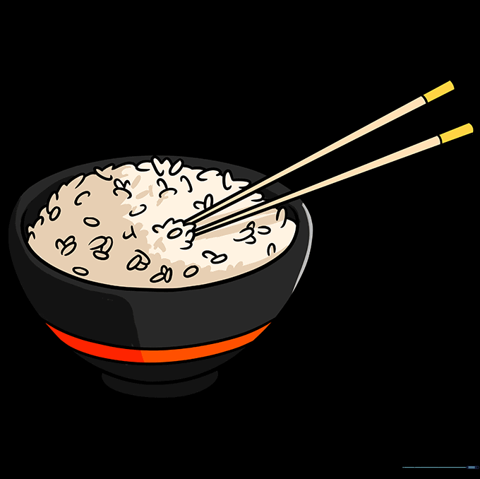 A fully colored illustration of a bowl of rice and chopsticks.