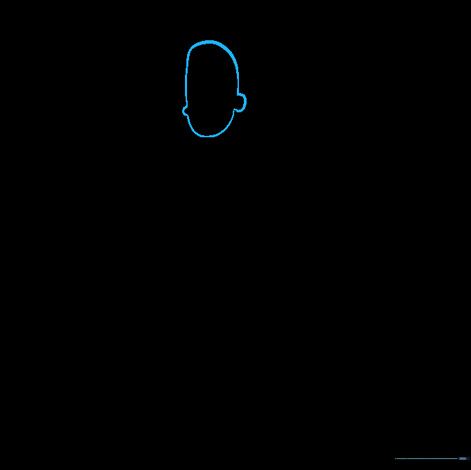 Pencil sketch of an oval head shape for Rick Sanchez, showing the basic outline of the ear and jawline.