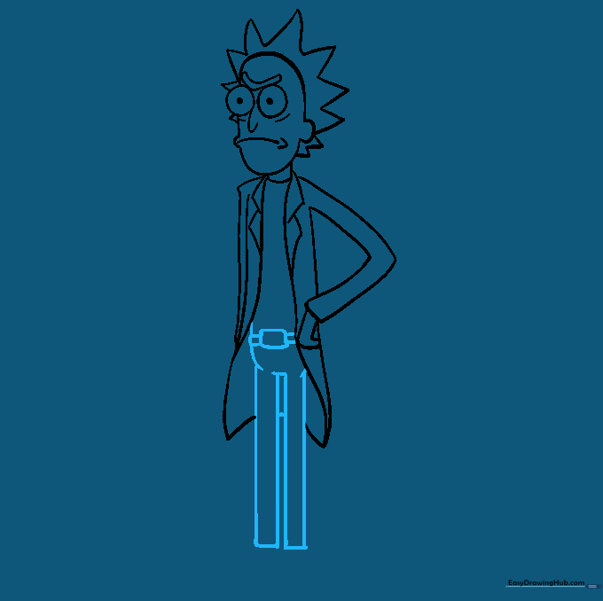 Drawing the belt and legs of Rick, including the rectangular belt buckle details.