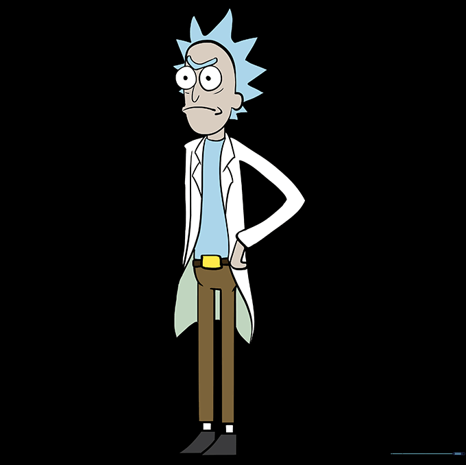 The completed, colored drawing of Rick Sanchez in his signature lab coat and brown pants.
