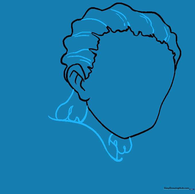 Detailing the hair texture and drawing the neck and hoodie collar.