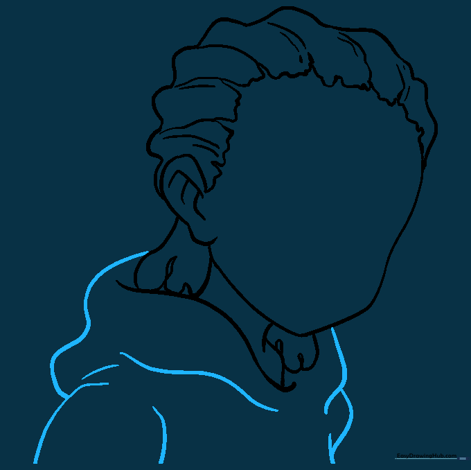 Drawing the outer shape of the hoodie, including hood and sleeve lines.