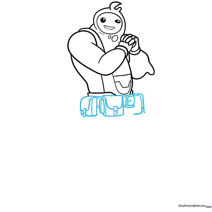 Drawing the utility belt and pouches on Rippley's waist.