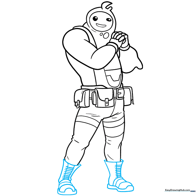 Finalizing the boots and outlining the entire character with black ink.