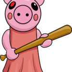 A colorful, finished drawing of the Roblox Piggy character holding a baseball bat.