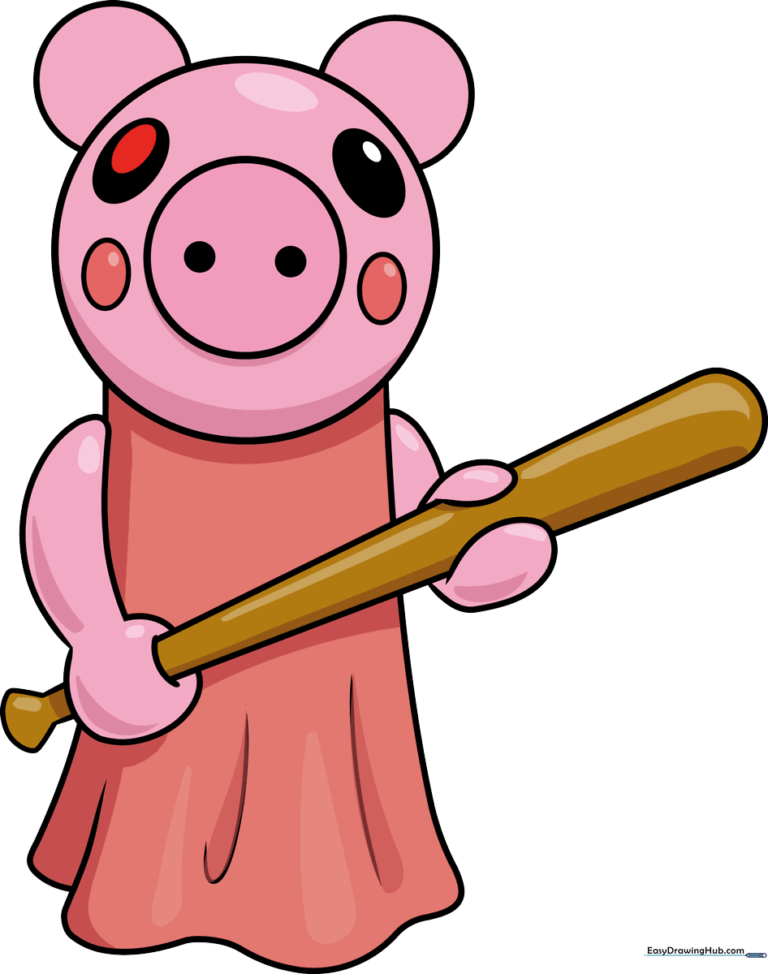 A colorful, finished drawing of the Roblox Piggy character holding a baseball bat.