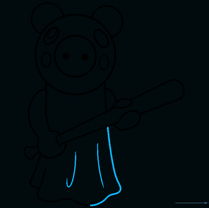 Finalizing the outline of the Roblox Piggy character with a marker.