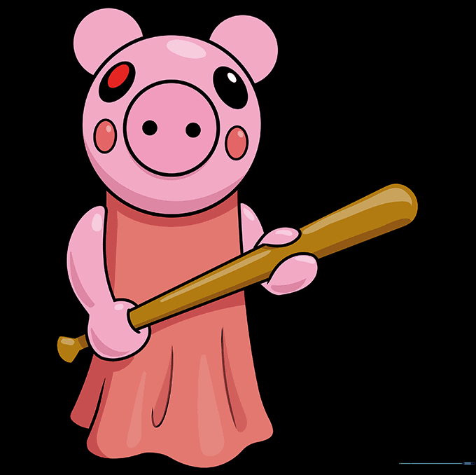 The finished, colored Roblox Piggy drawing with pink body, red dress, and brown bat.