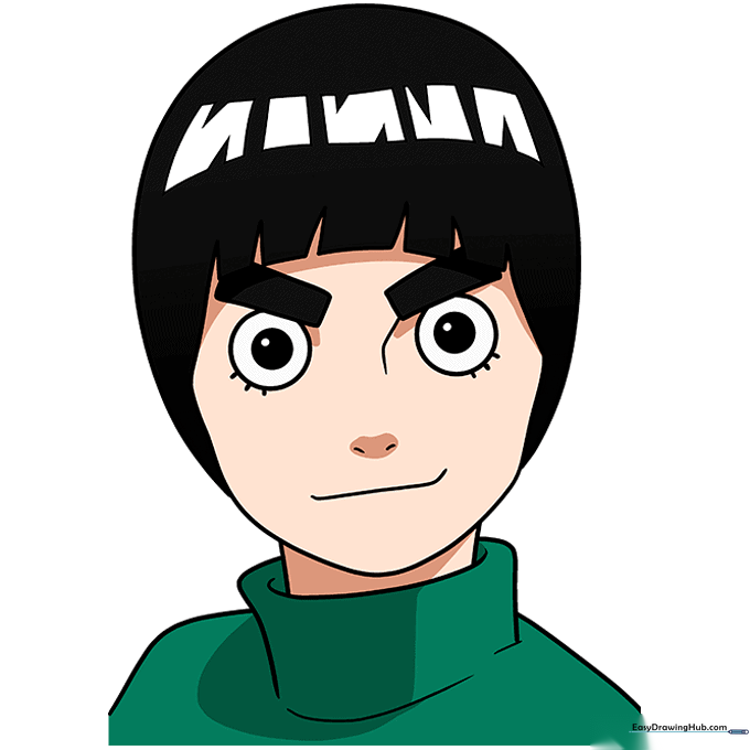 Fully colored drawing of Rock Lee with black hair and a green ninja tunic.