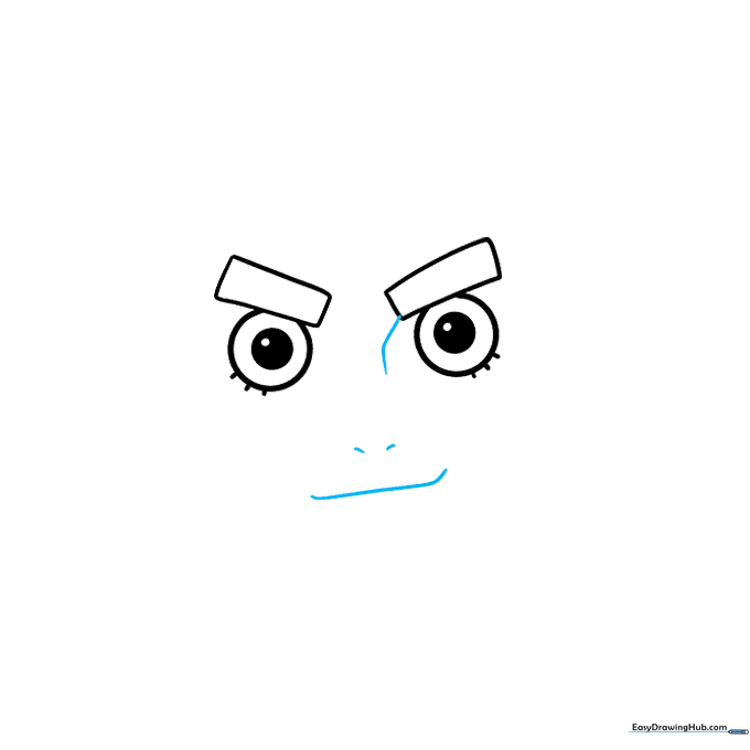 Pencil sketch showing the addition of a nose bridge and a smirking mouth line.