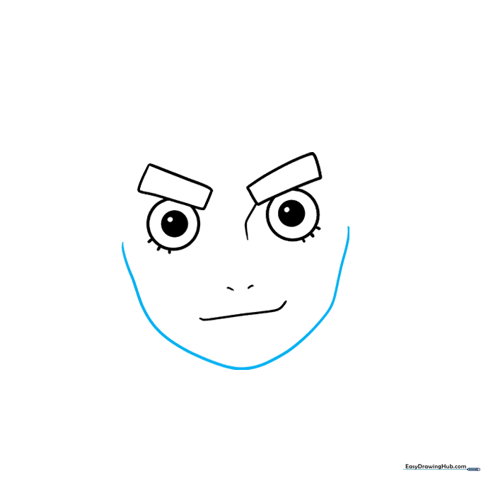 Drawing the rounded jawline connecting to the previously drawn facial features.