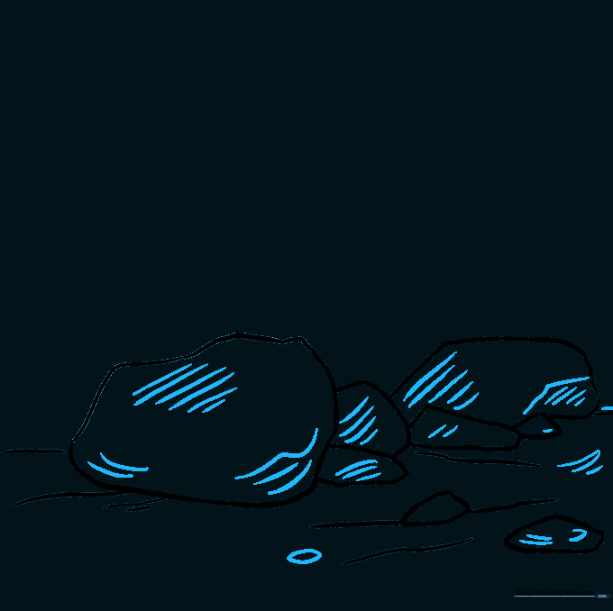 Rocks detailed with hatching lines and a small pebble on the ground.