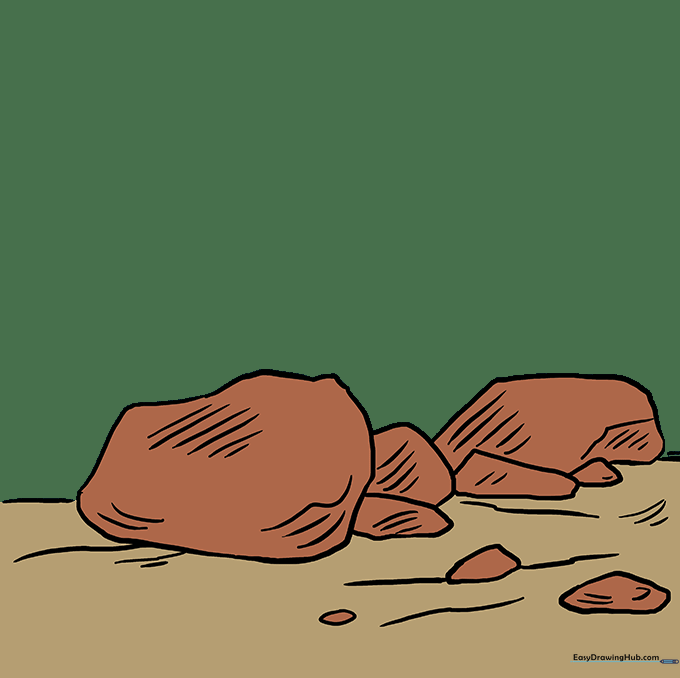 A finished, colored drawing of a cluster of rocks in a natural landscape.