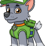 Colorful, completed drawing of Rocky from PAW Patrol, ready for display.